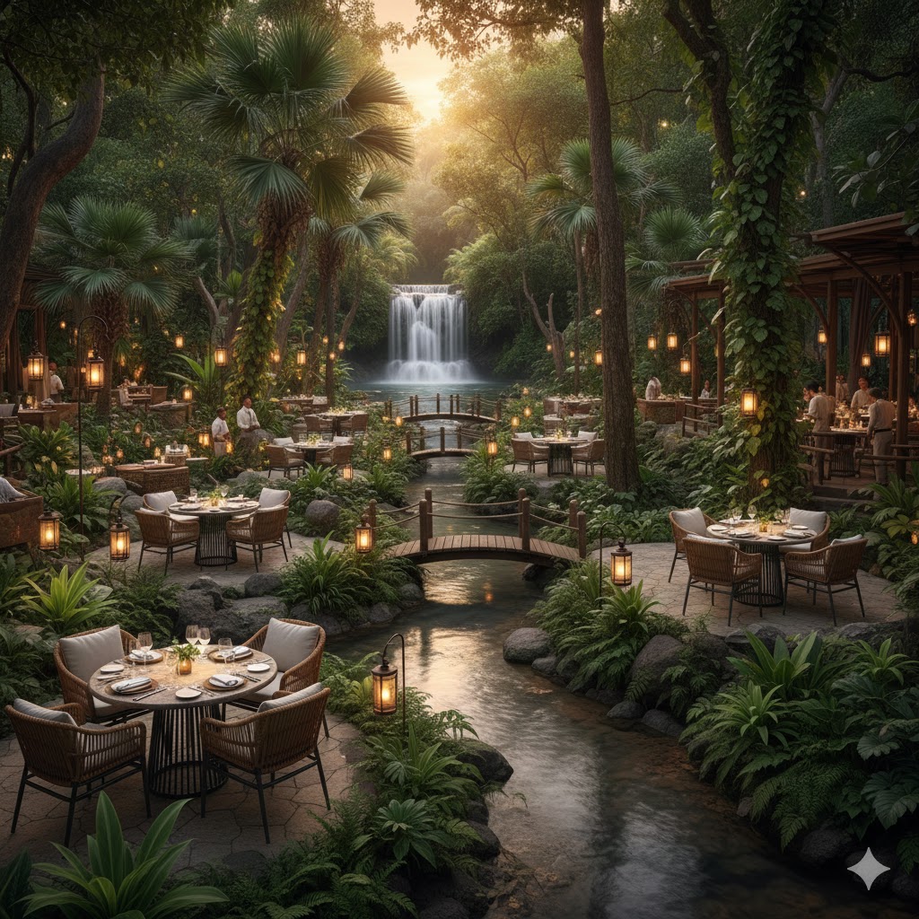 Pemandangan Restoran Novaslot88 yang mewah dengan konsep hutan tropis, menampilkan area makan elegan yang tersebar di antara pepohonan rimbun, dihiasi lampu-lampu gantung yang hangat.